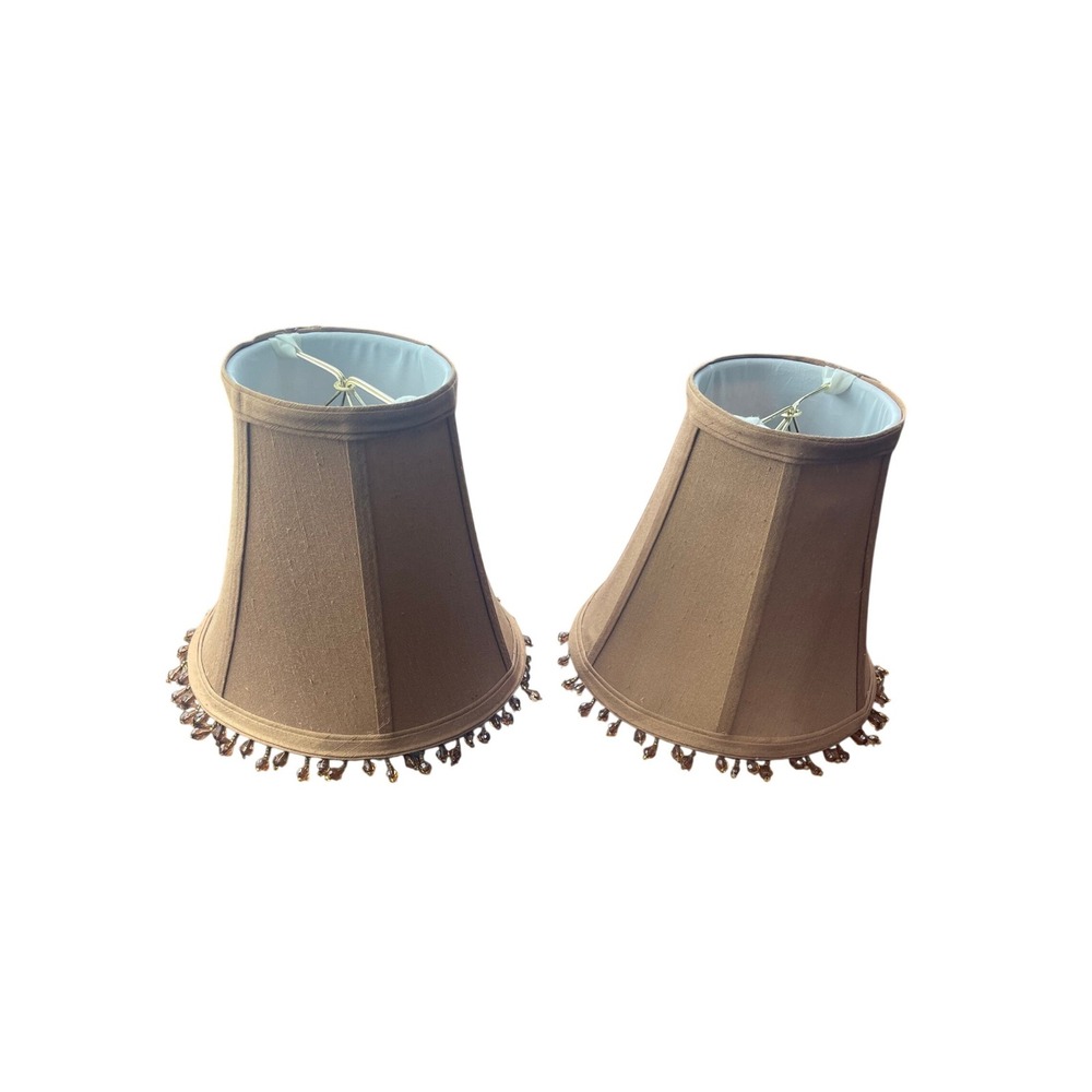 Pair of Tan Slub Fabric Bell Lamp Shades with Amber Beaded Fringe Clip-On 6.5in